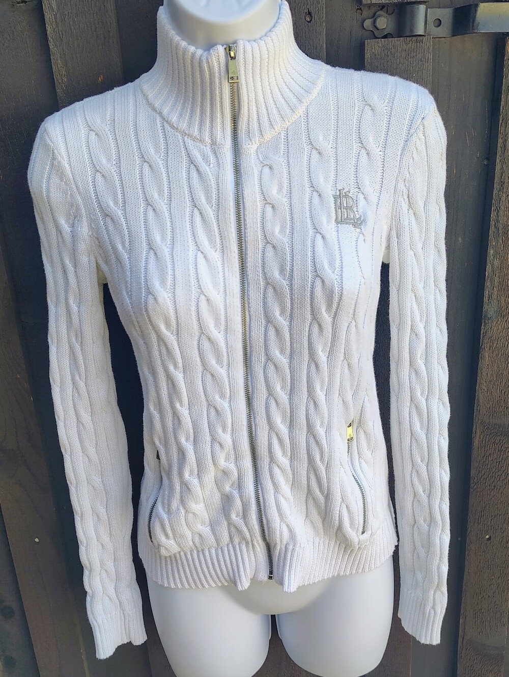 Ralph Lauren White Cable-Knit Zip Cardigan Sweater